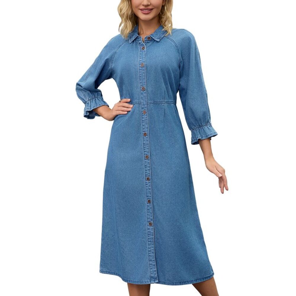 Women Denim Dress Midi Casual Ruffle 3/4 Sleeve Jean Shirt Dress Blue